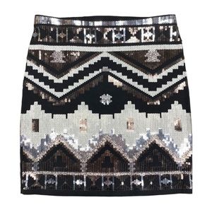 ⭐️HP⭐️ Express Metallic Sequin Tribal Southwest Mini Skirt Black Silver White XS